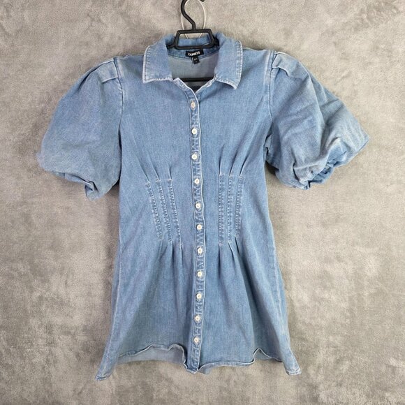 Womens Express Blue Denim Corset Mini Shirt Dress Puff Sleeve Button Up Size L - Picture 2 of 8